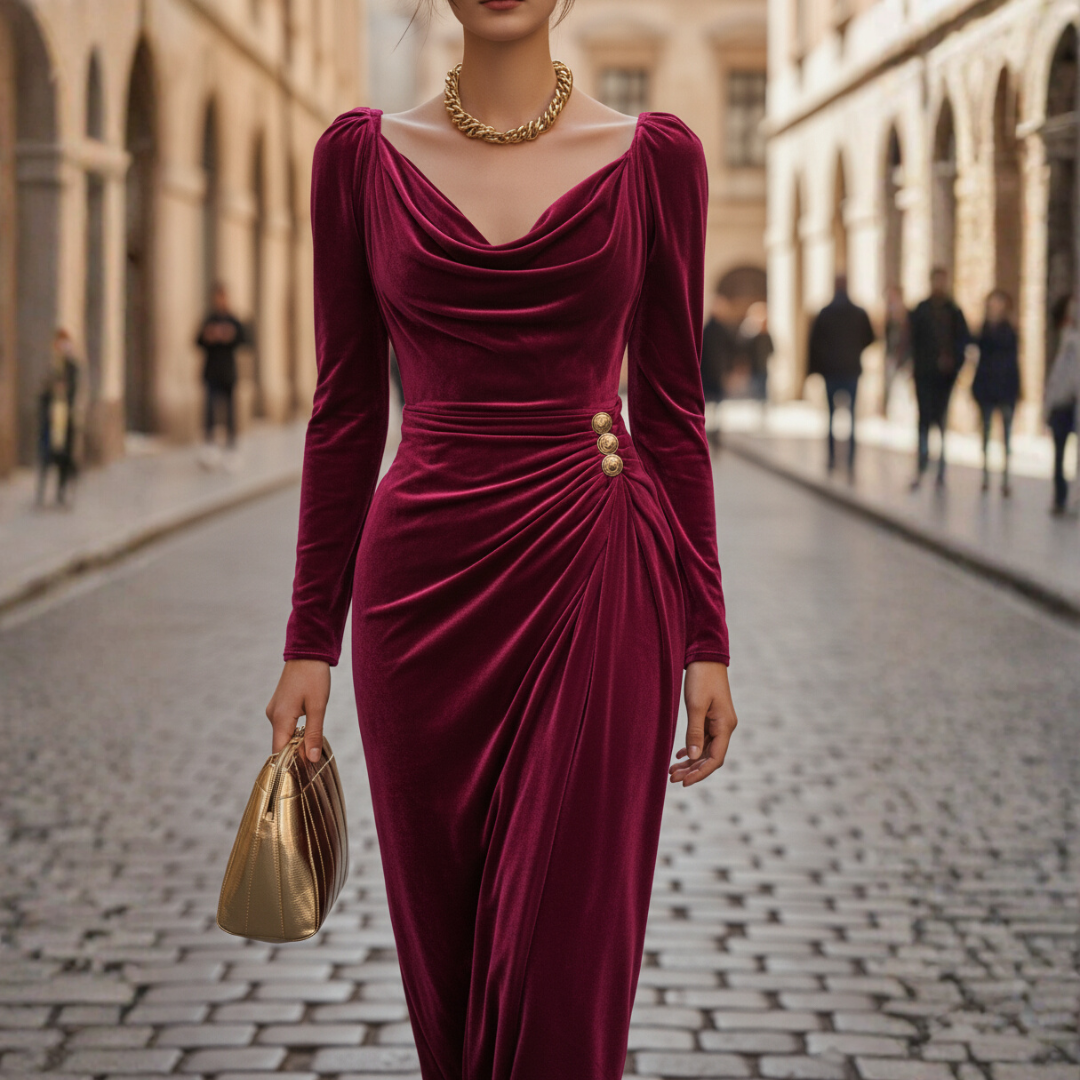 Sontuoso abito donna midi in velluto drappeggiato da sera
