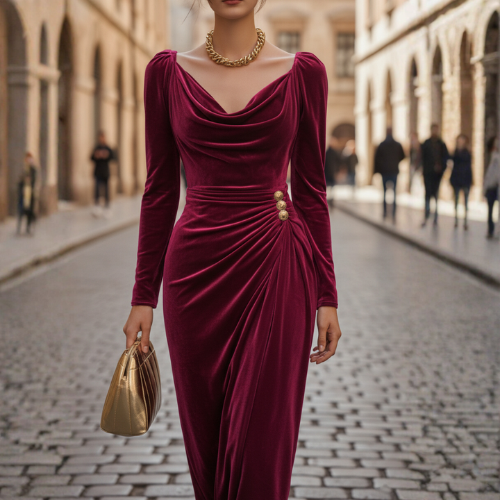 Sontuoso abito donna midi in velluto drappeggiato da sera