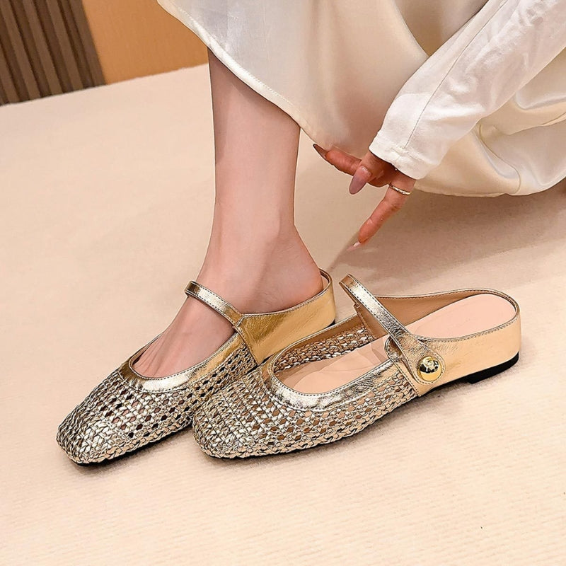 Ballerine Donna Intrecciate Dorate Modello Mary Jane con Cinturino