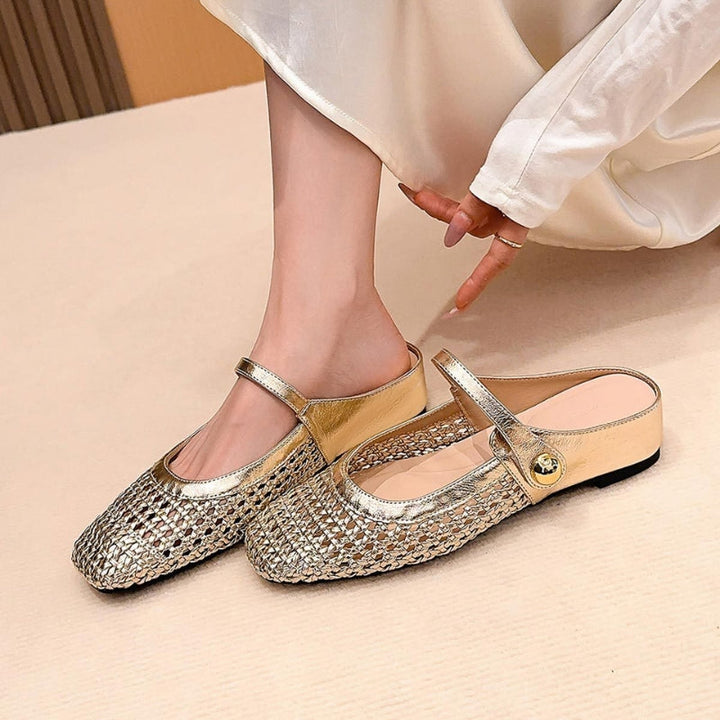 Ballerine Donna Intrecciate Dorate Modello Mary Jane con Cinturino