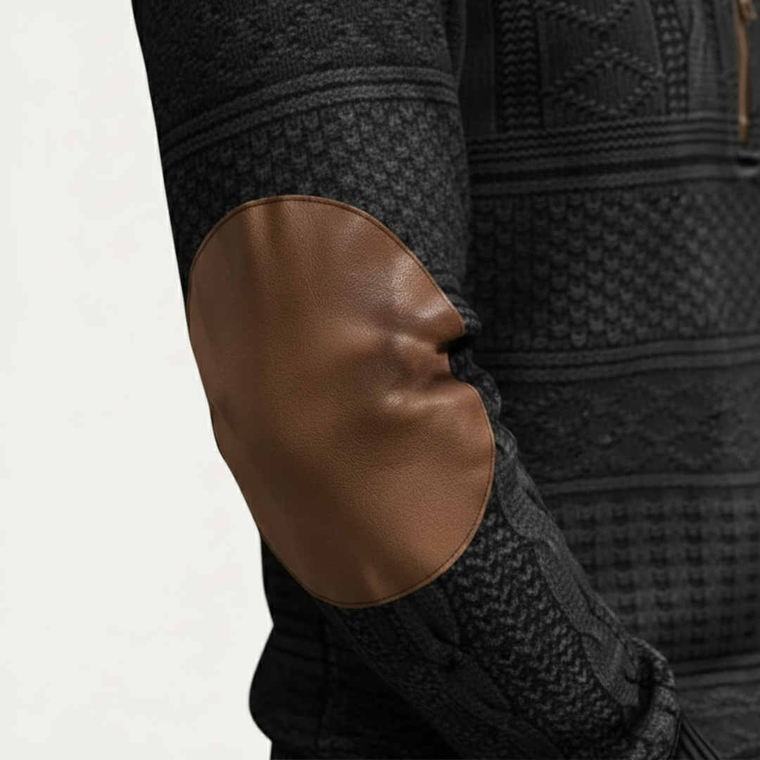 Maglione Uomo a Maglia con Mezza Zip e Toppe ai Gomiti