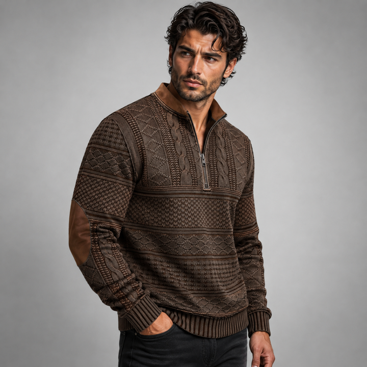 Maglione Uomo a Maglia con Mezza Zip e Toppe ai Gomiti