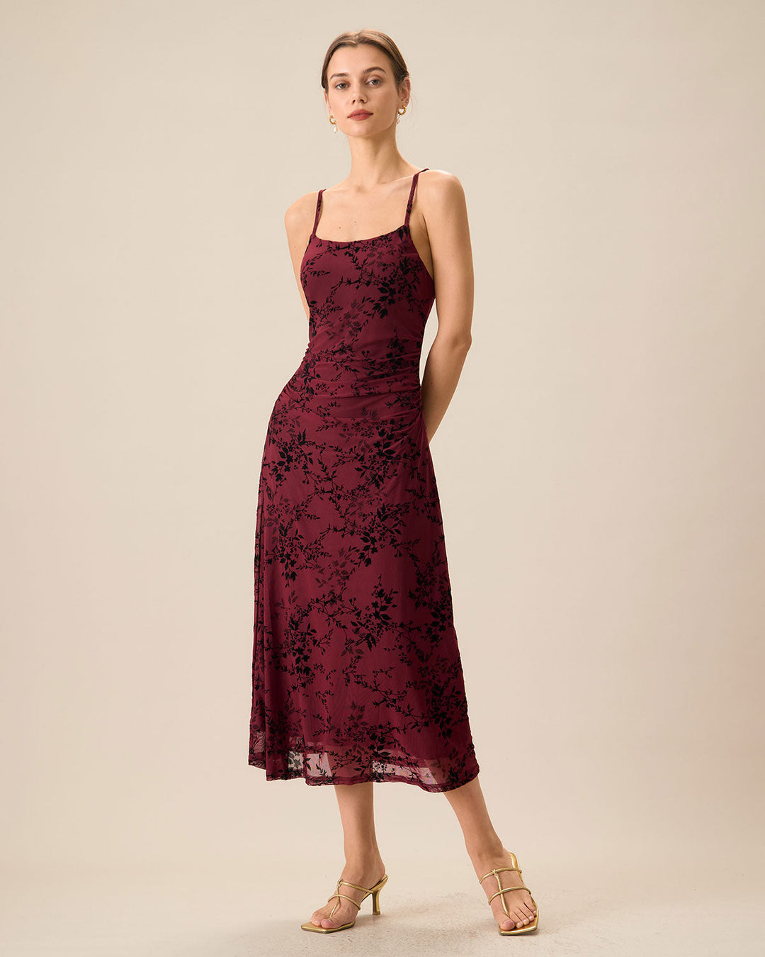 Elegante Abito Midi Floreale Rosso Bodycon Slip