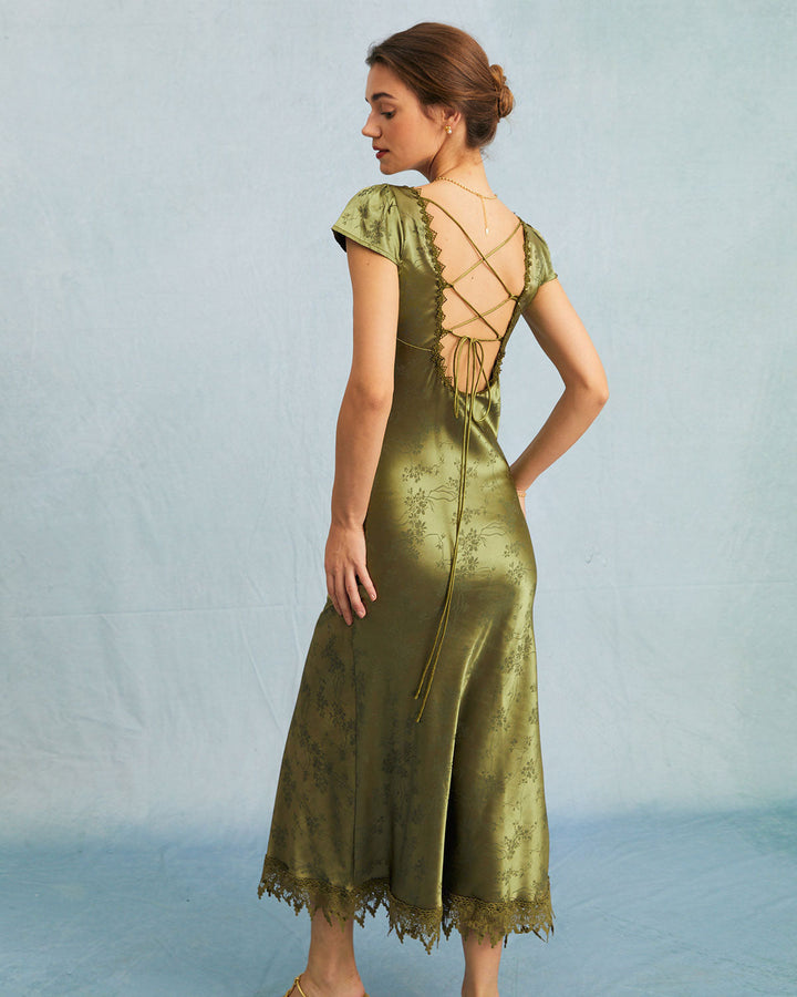 Elegante Abito Midi Verde Jacquard Maniche Corte