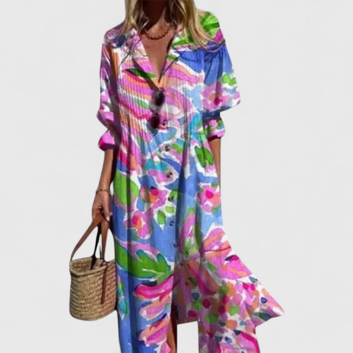 Abito Lungo Boho a Stampa con Scollo a V e Taglio Morbido