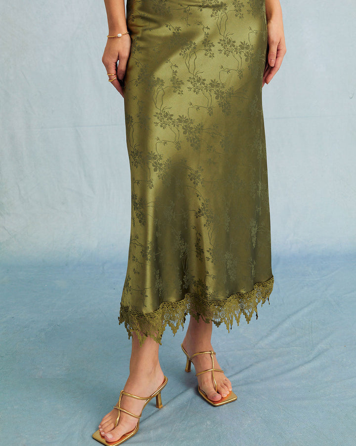 Elegante Abito Midi Verde Jacquard Maniche Corte