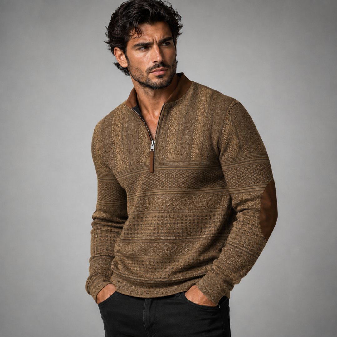 Maglione Uomo a Maglia con Mezza Zip e Toppe ai Gomiti