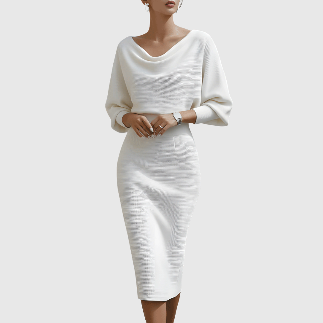 Bianca - Abito midi da donna bianco con maniche a pipistrello drappeggiate