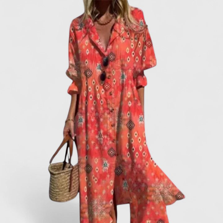 Abito Lungo Boho a Stampa con Scollo a V e Taglio Morbido