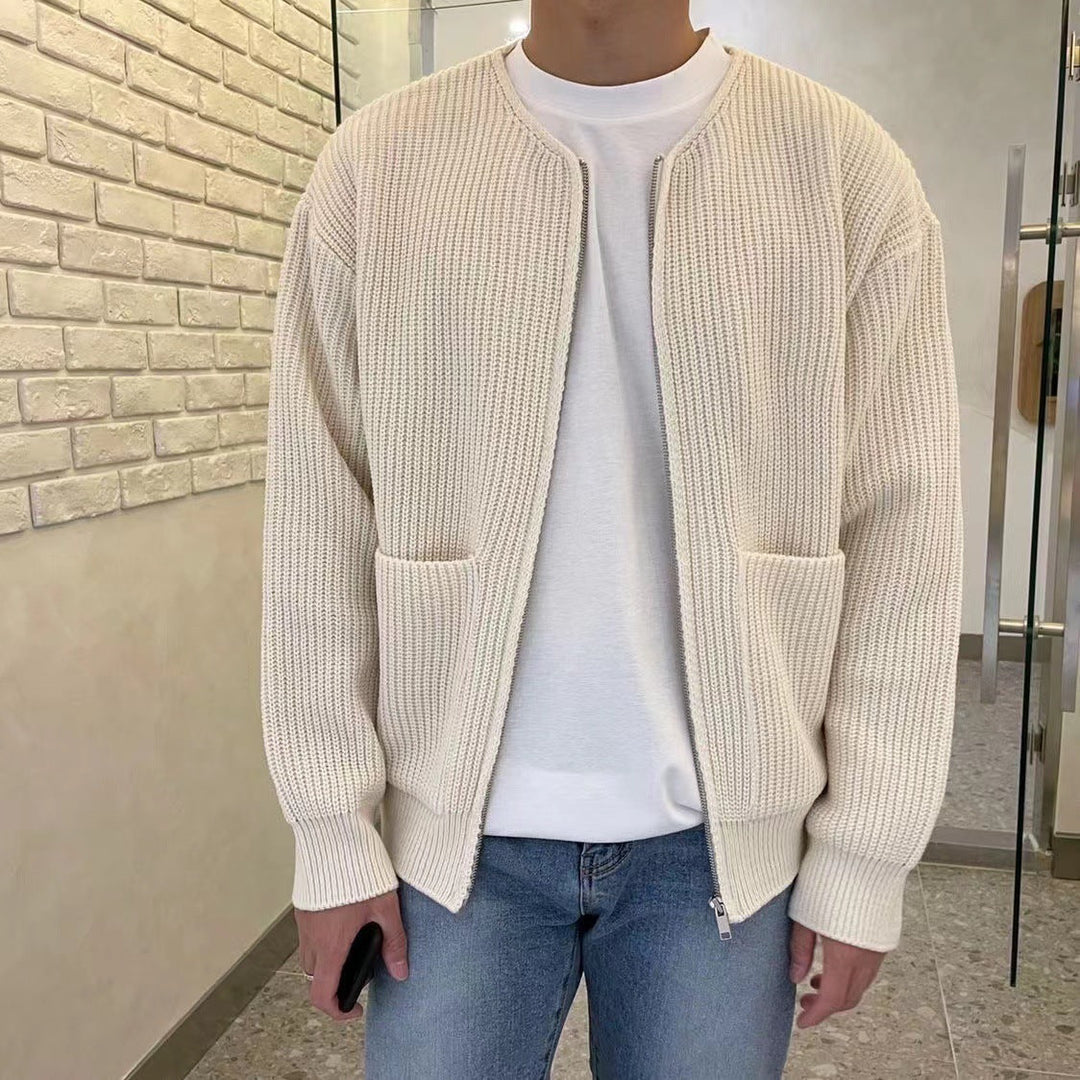 Cardigan Uomo in Maglia Girocollo con Orlo a Coste