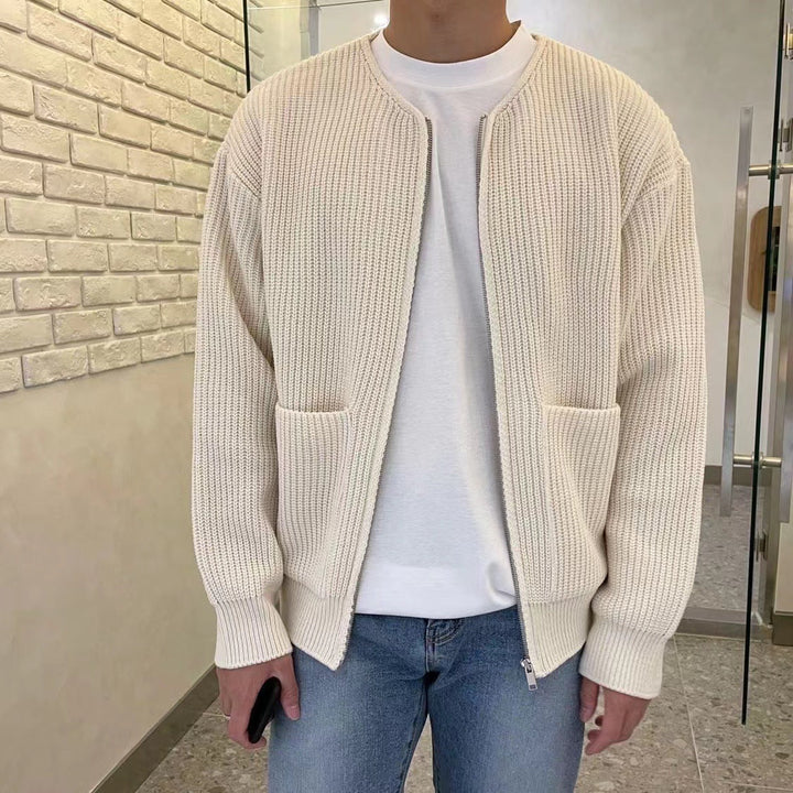 Cardigan Uomo in Maglia Girocollo con Orlo a Coste