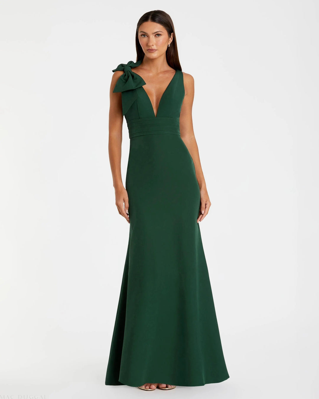 Elegante Abito Lungo Verde Smanicato Scollo V Sirena Fiocco