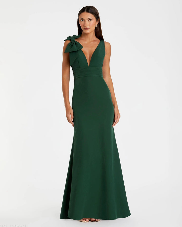Elegante Abito Lungo Verde Smanicato Scollo V Sirena Fiocco