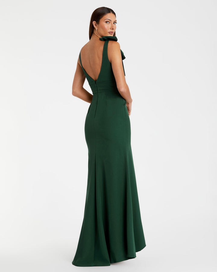 Elegante Abito Lungo Verde Smanicato Scollo V Sirena Fiocco