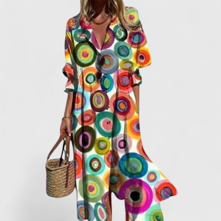 Abito Lungo Boho a Stampa con Scollo a V e Taglio Morbido
