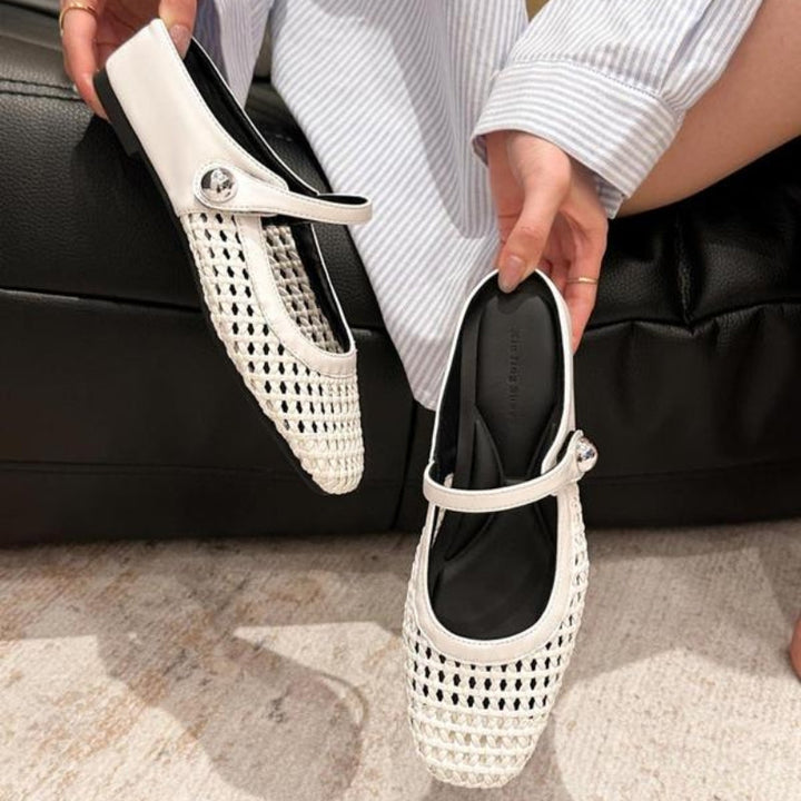 Ballerine Donna Intrecciate Dorate Modello Mary Jane con Cinturino