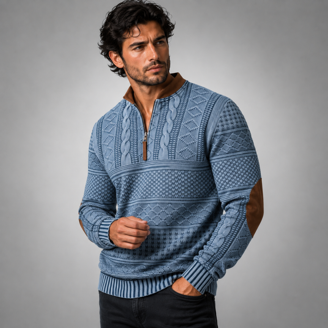 Maglione Uomo a Maglia con Mezza Zip e Toppe ai Gomiti