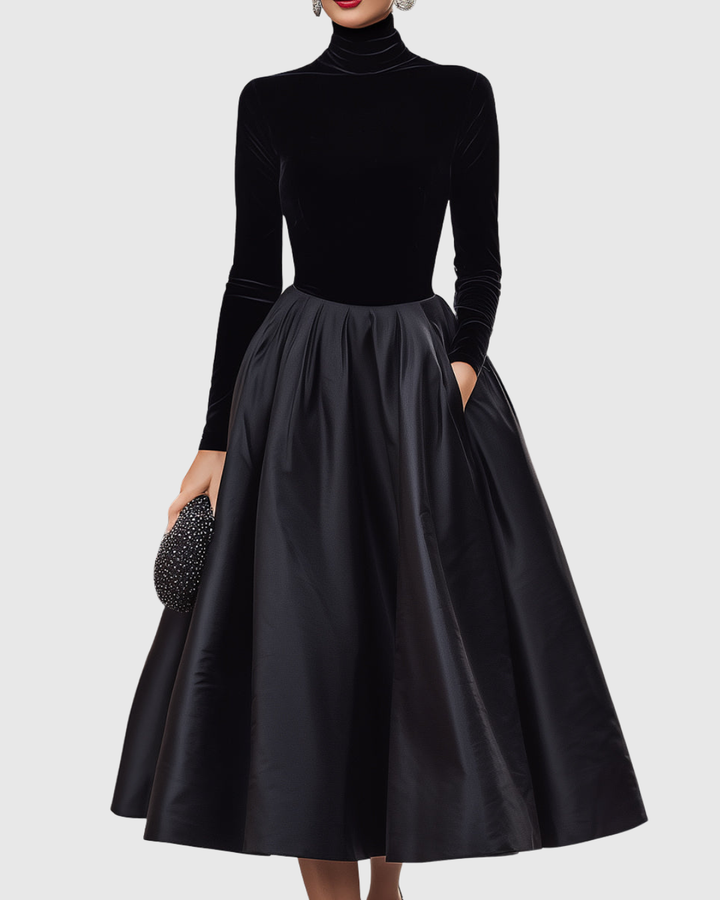 Aradia | Elegante abito midi in velluto nero e raso