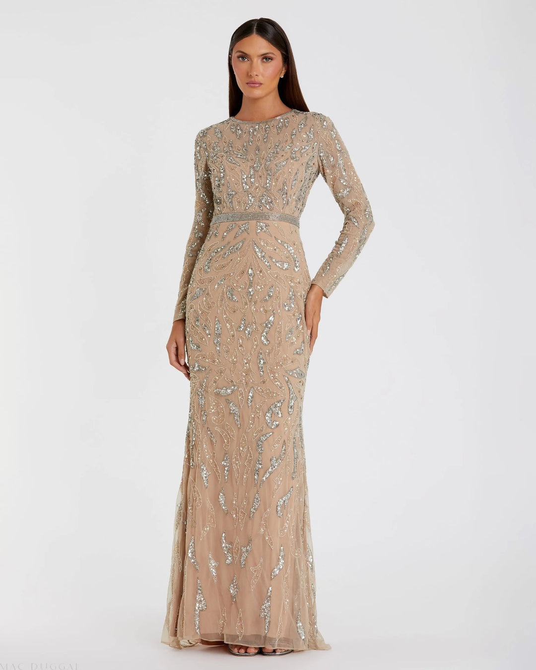 Elegante Abito Lungo Beige Donna Maniche Lunghe Perline Sera