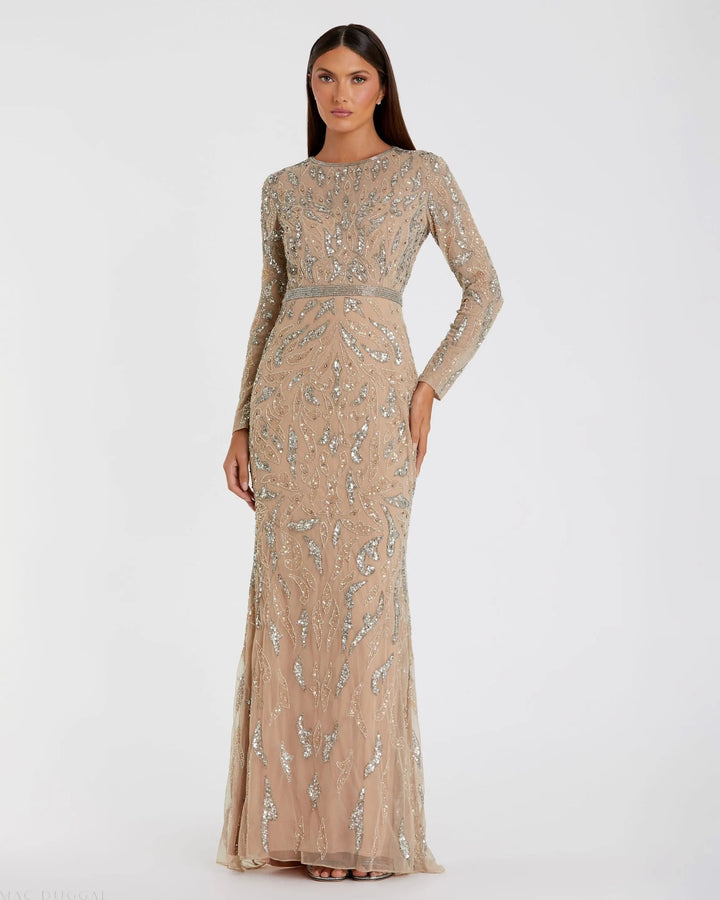 Elegante Abito Lungo Beige Donna Maniche Lunghe Perline Sera
