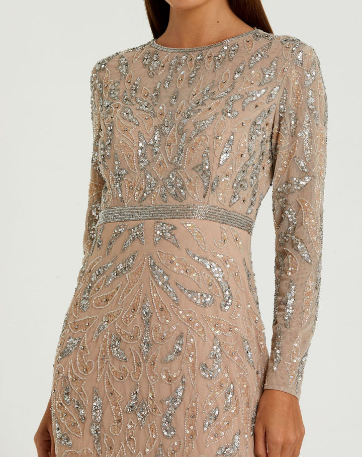 Elegante Abito Lungo Beige Donna Maniche Lunghe Perline Sera