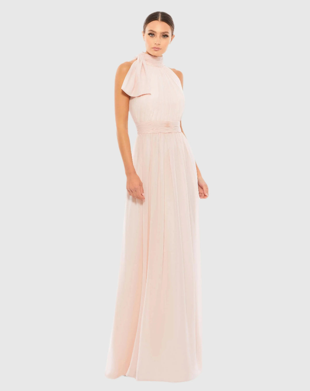Elegante Abito Lungo Rosa Donna Collo Alto Chiffon Plissettato