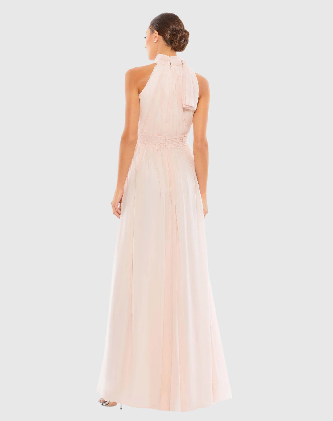Elegante Abito Lungo Rosa Donna Collo Alto Chiffon Plissettato