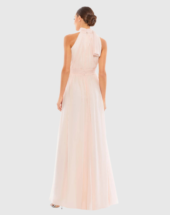Elegante Abito Lungo Rosa Donna Collo Alto Chiffon Plissettato