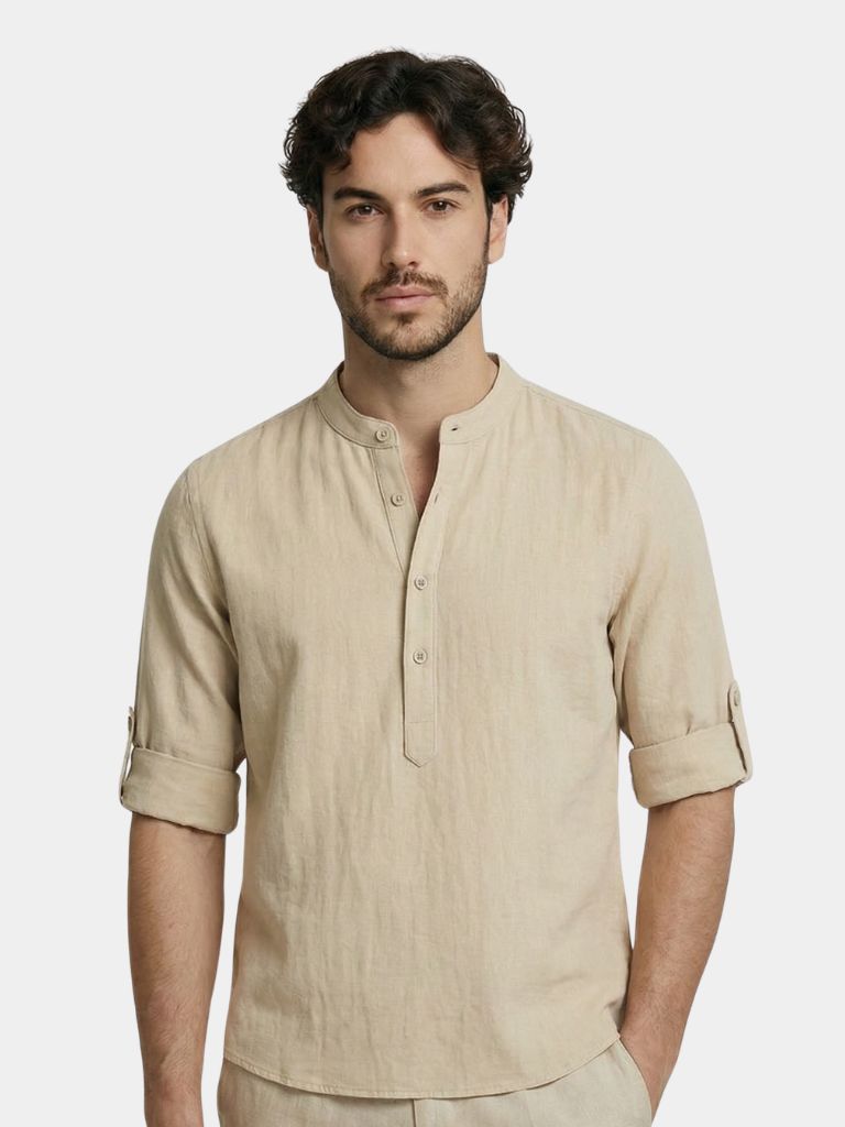 Classica Camicia Henley Manica Lunga Uomo Casual