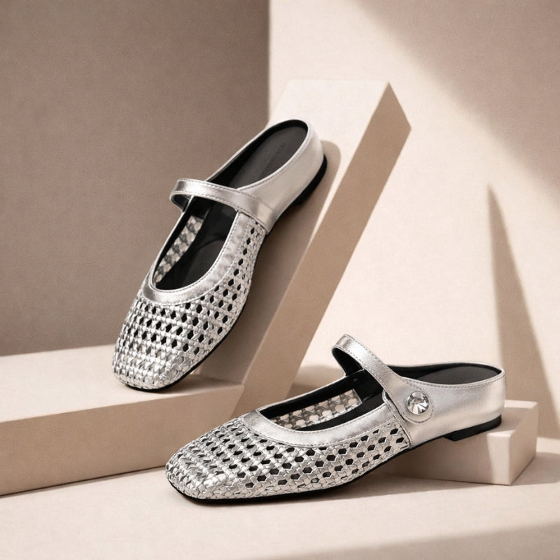Ballerine Donna Intrecciate Dorate Modello Mary Jane con Cinturino