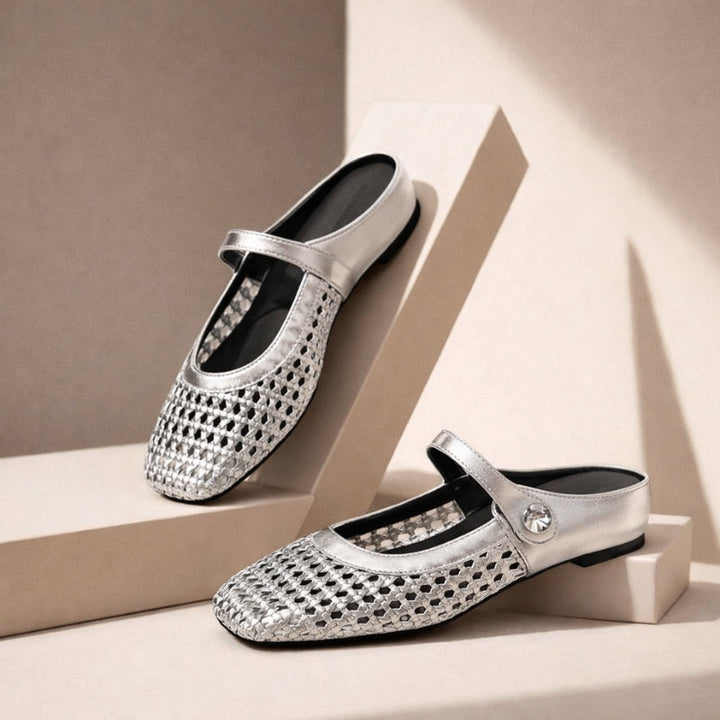 Ballerine Donna Intrecciate Dorate Modello Mary Jane con Cinturino