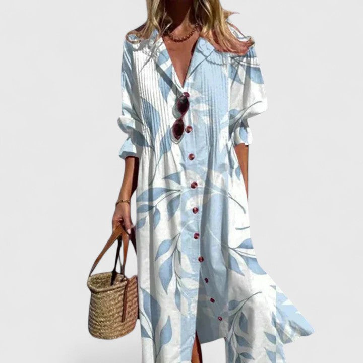 Abito Lungo Boho a Stampa con Scollo a V e Taglio Morbido