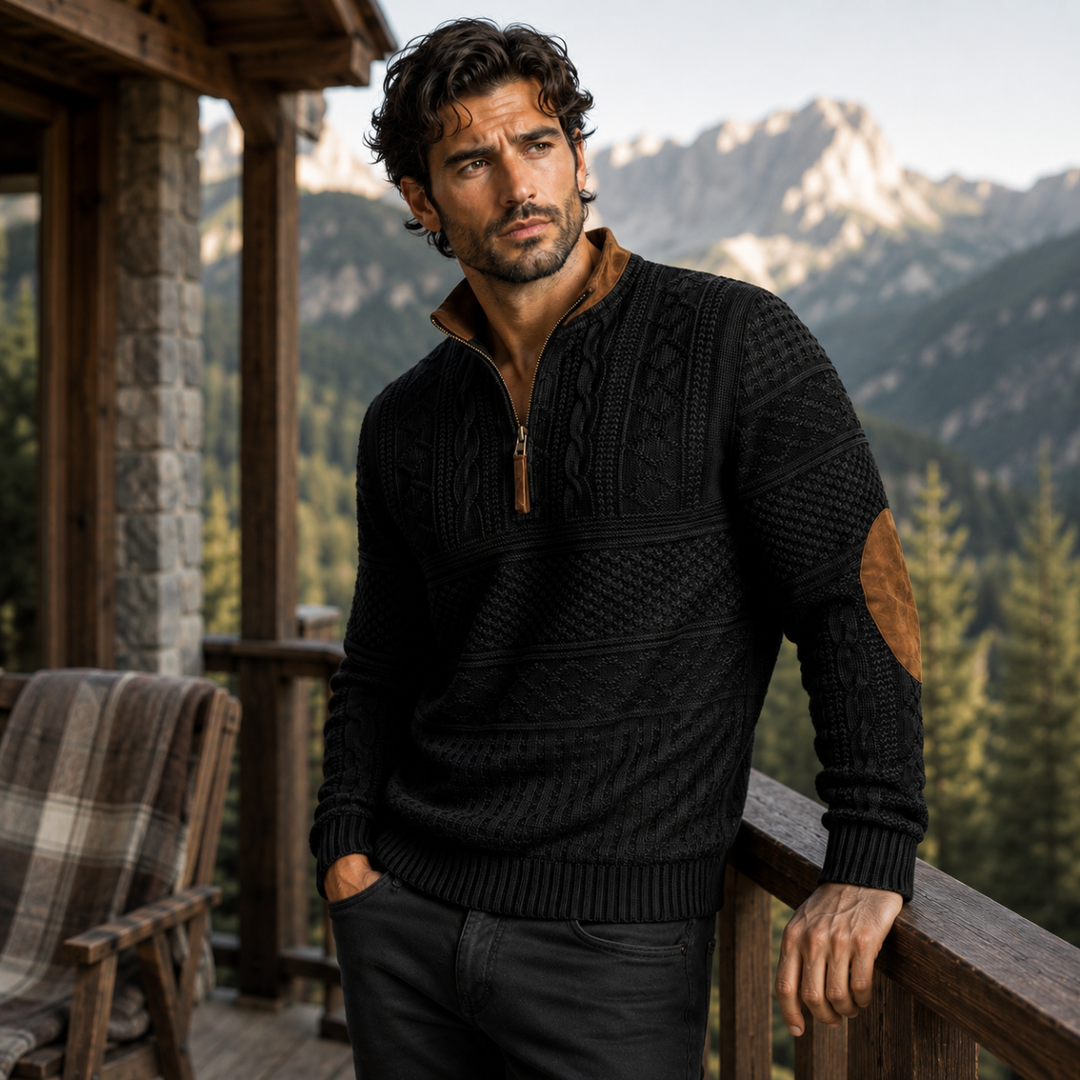 Maglione Uomo a Maglia con Mezza Zip e Toppe ai Gomiti