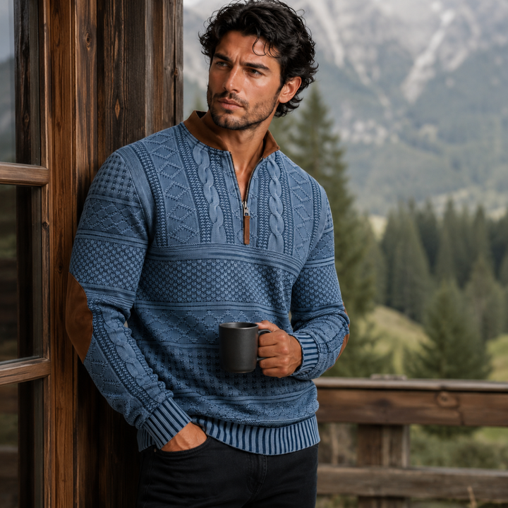 Maglione Uomo a Maglia con Mezza Zip e Toppe ai Gomiti