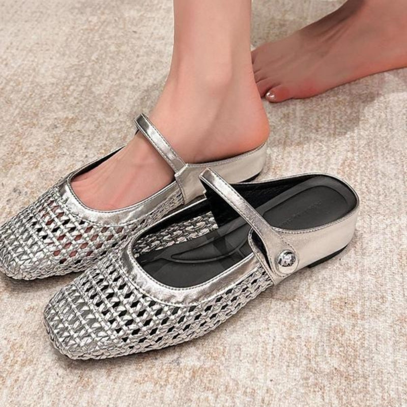 Ballerine Donna Intrecciate Dorate Modello Mary Jane con Cinturino