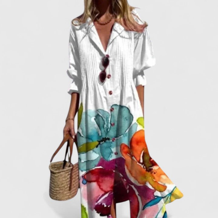 Abito Lungo Boho a Stampa con Scollo a V e Taglio Morbido