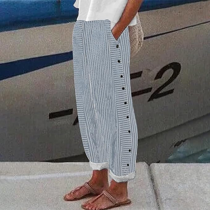 Pantalone a Righe in Lino e Cotone con Dettaglio Bottoni