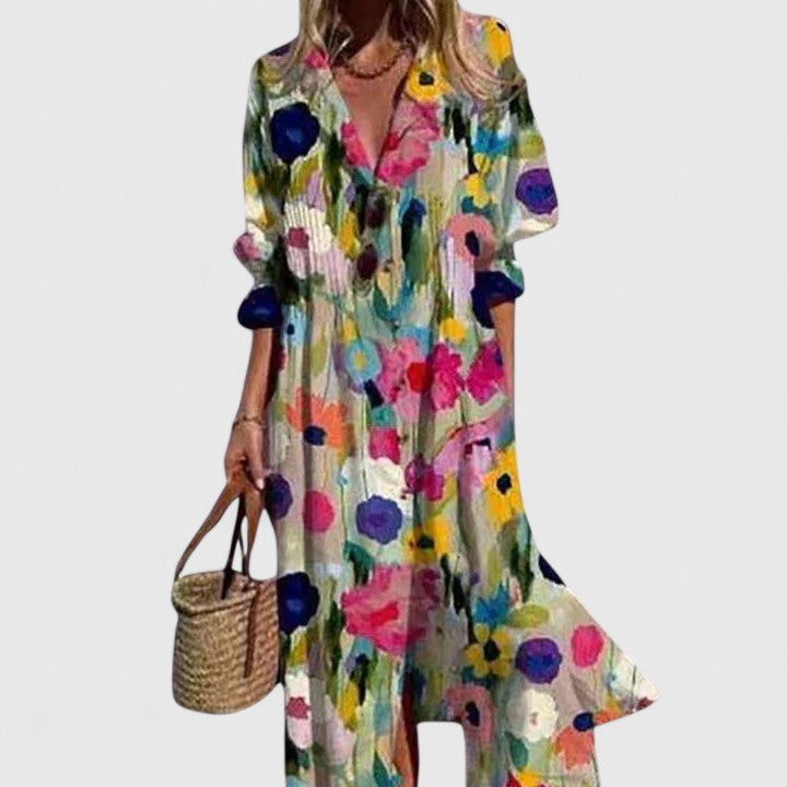 Abito Lungo Boho a Stampa con Scollo a V e Taglio Morbido