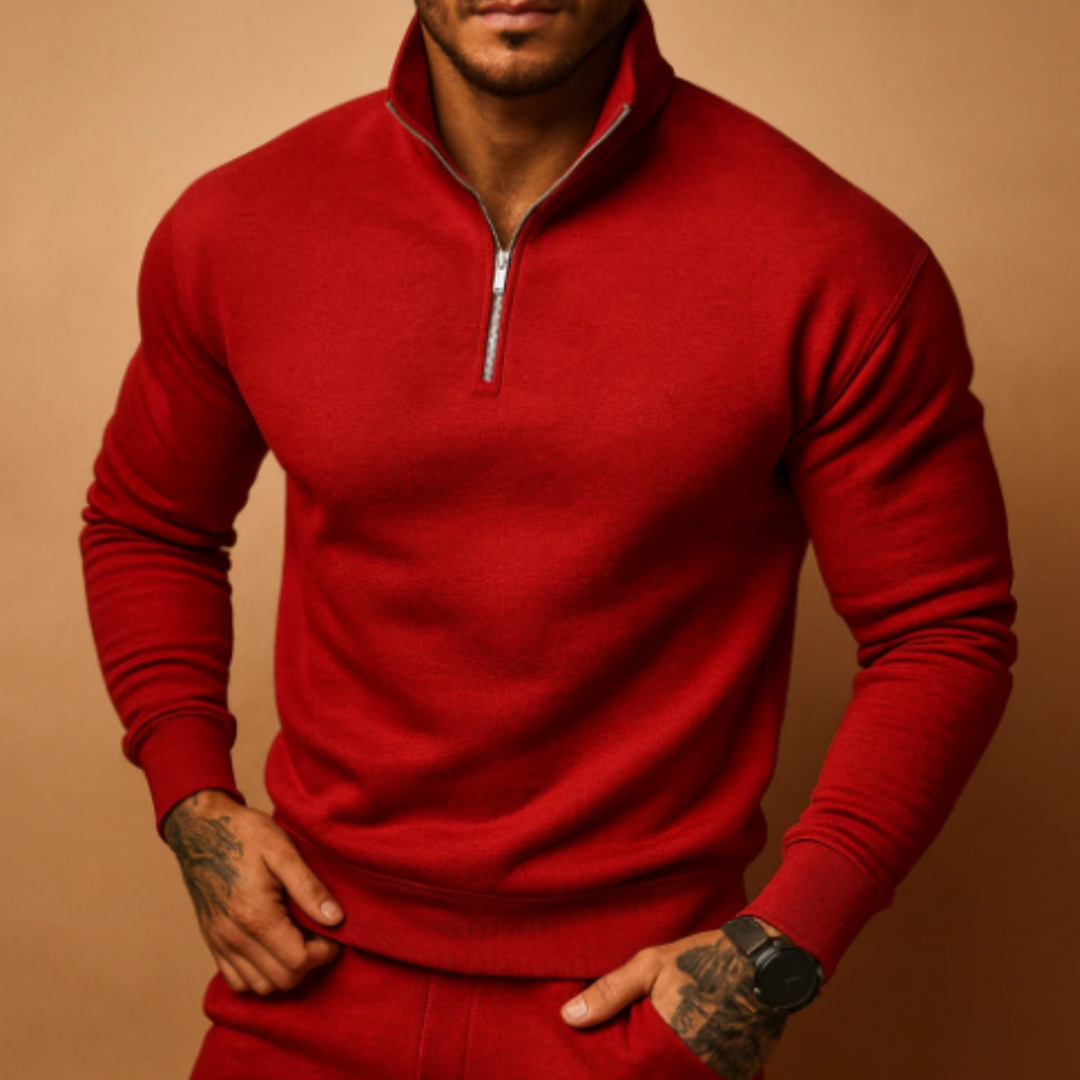 Maglione Uomo a Maglia con Mezza Zip e Polsini a Costine