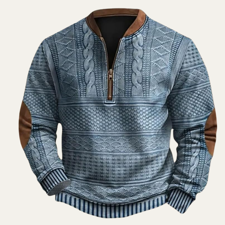Maglione Uomo a Maglia con Mezza Zip e Toppe ai Gomiti