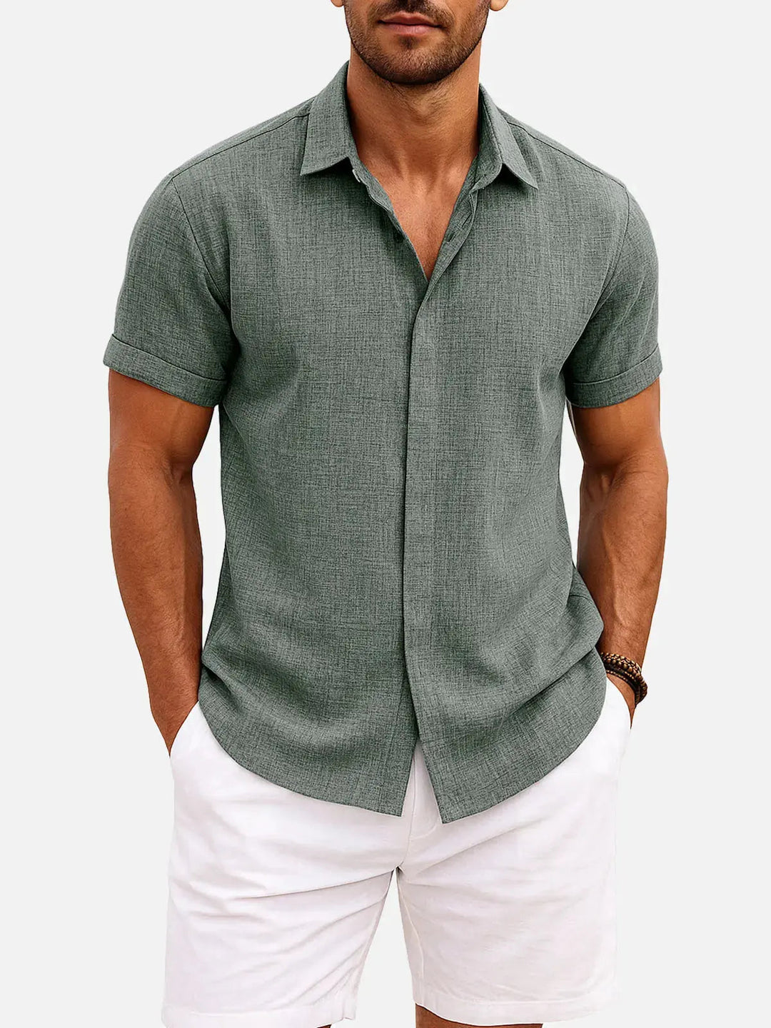 Camicia da uomo a maniche corte in misto cotone e lino