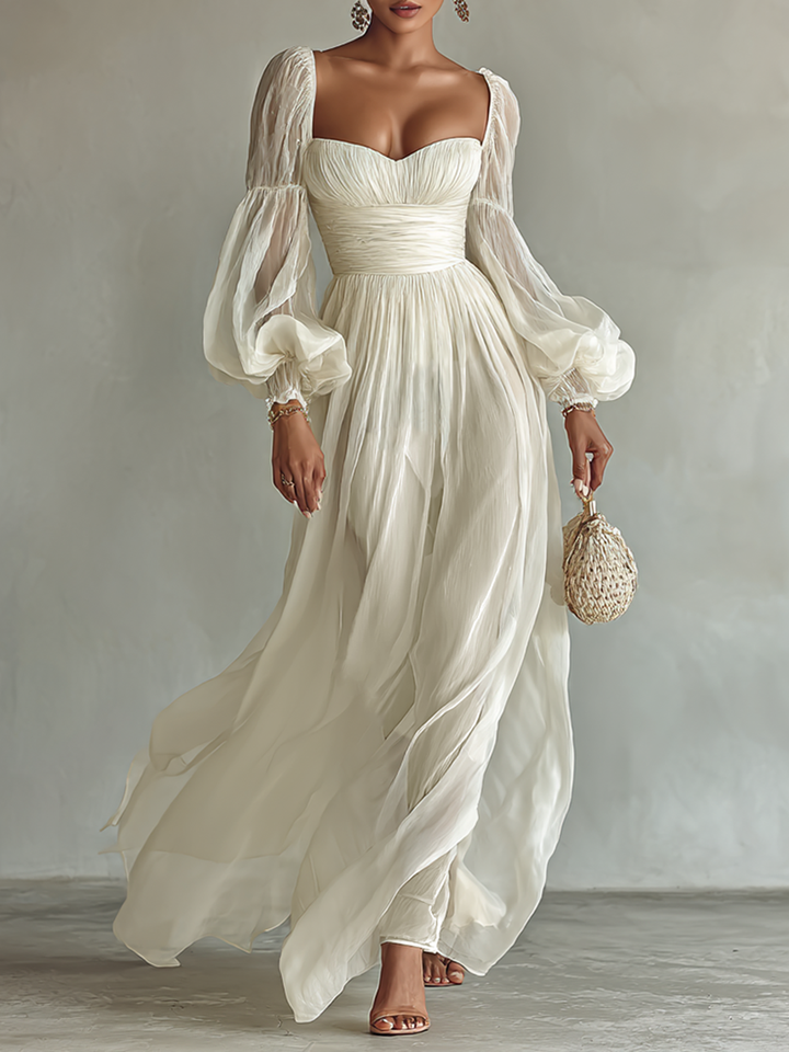 Abito Lungo in Chiffon con Scollo Quadrato e Maniche Lunghe