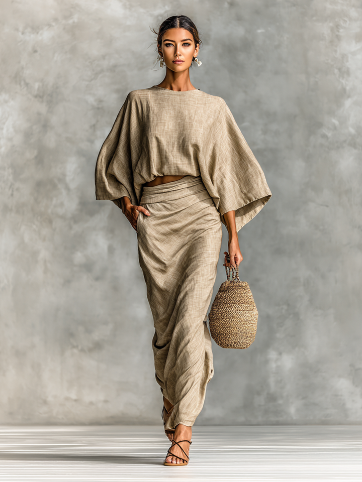 Elegante Completo Donna Maniche Pipistrello Gonna Lunga