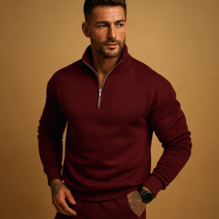Maglione Uomo a Maglia con Mezza Zip e Polsini a Costine