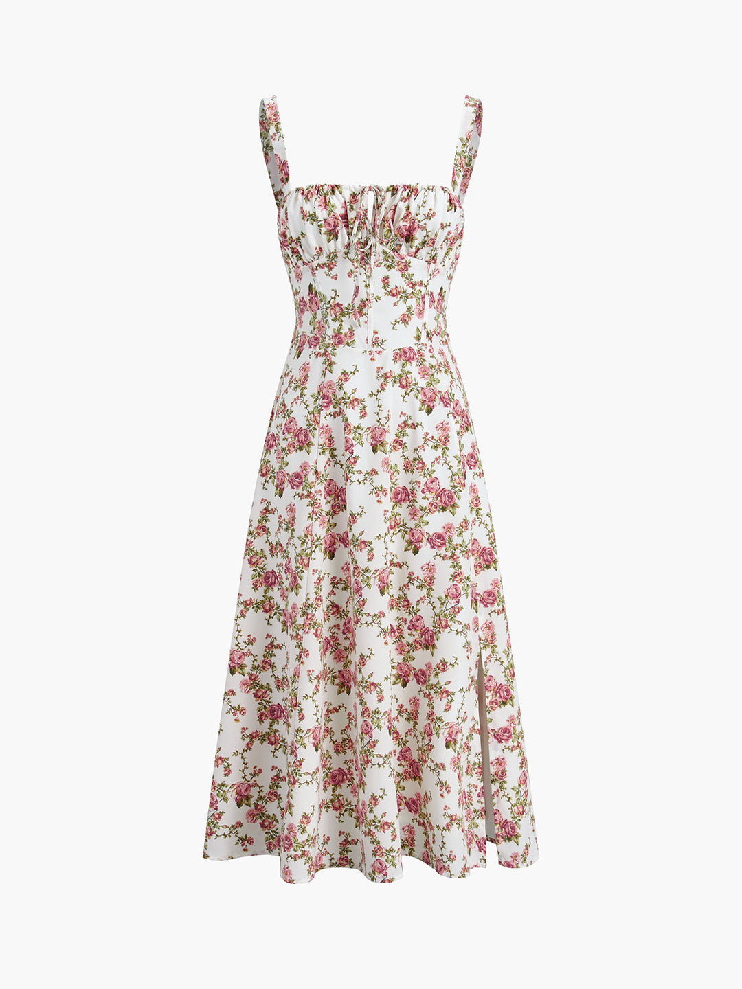 Elegante abito midi estivo con motivo floreale a boccioli di rosa