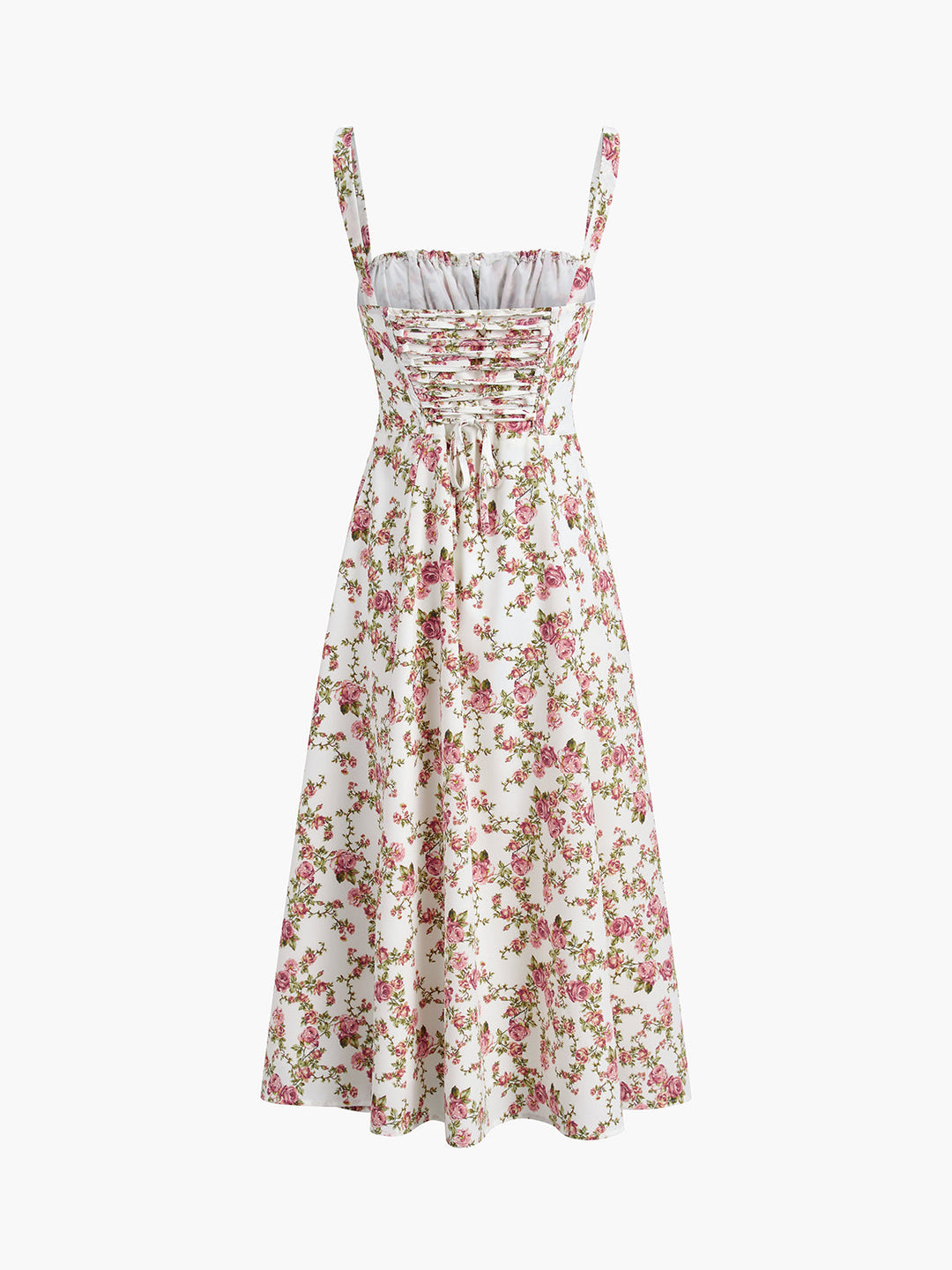 Elegante abito midi estivo con motivo floreale a boccioli di rosa