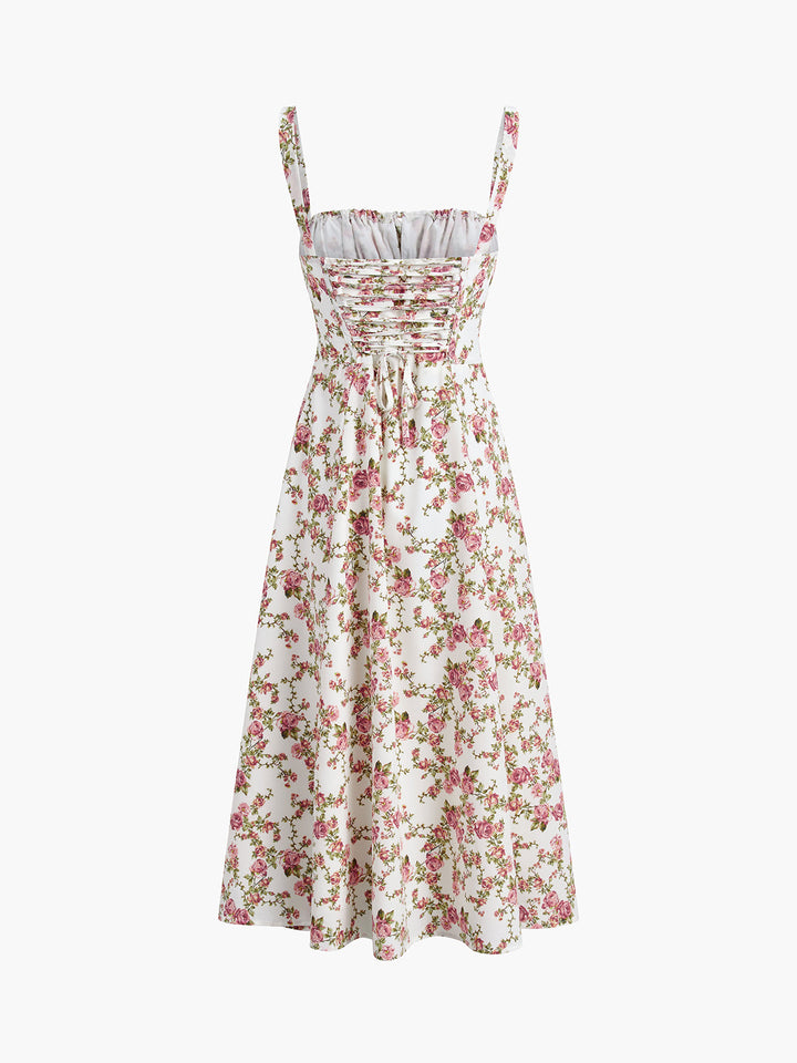 Elegante abito midi estivo con motivo floreale a boccioli di rosa