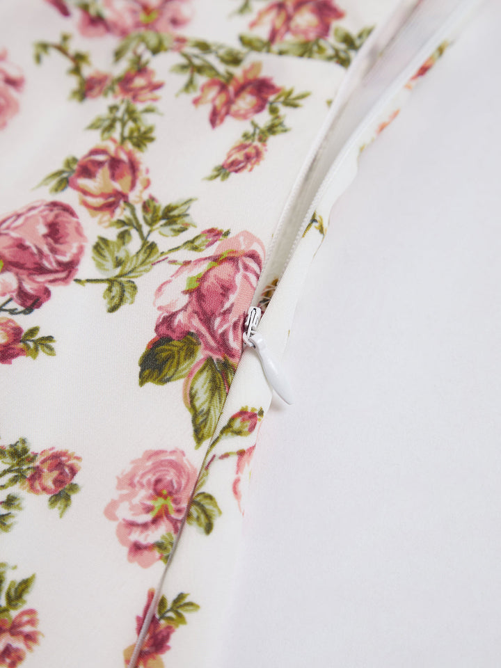 Elegante abito midi estivo con motivo floreale a boccioli di rosa