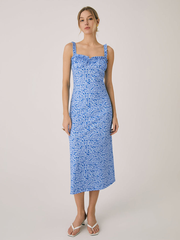 Elegante abito midi bohemien con spalline e stampa floreal