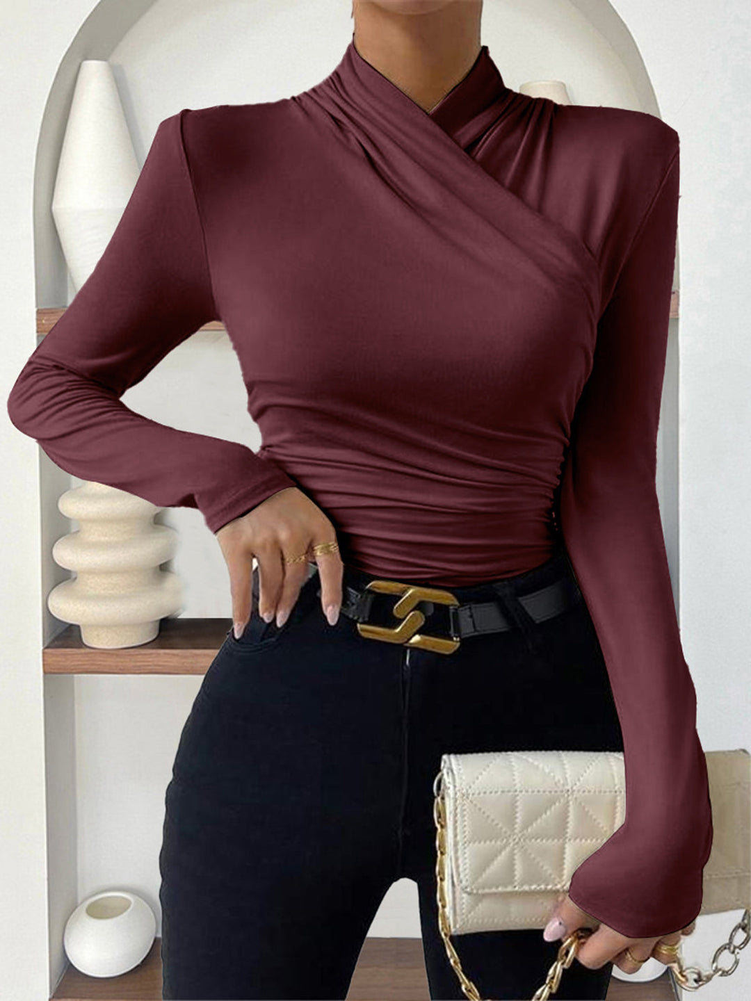 Classica Magliette Donna Collo Incrociato Vita Stretta